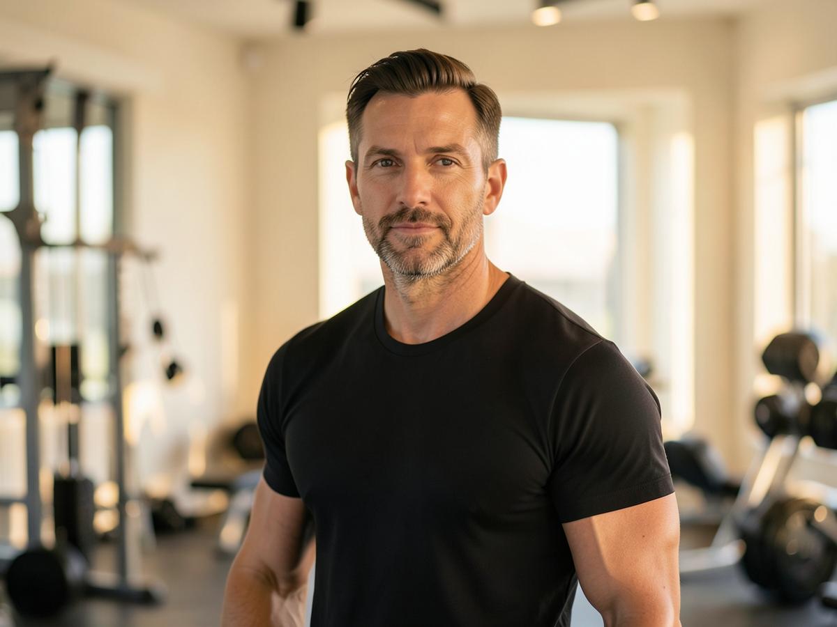 Man in his forties training in a bright gym